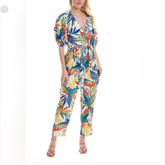 Farm Rio Macaw Wind Print Linen Blend Jumpsuit Tropical...